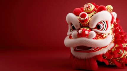 Fototapeta premium A vibrant red lion dance head, adorned with intricate golden details, set against a matching background, Ideal for celebrations, cultural events, and promotional materials related to festivals,