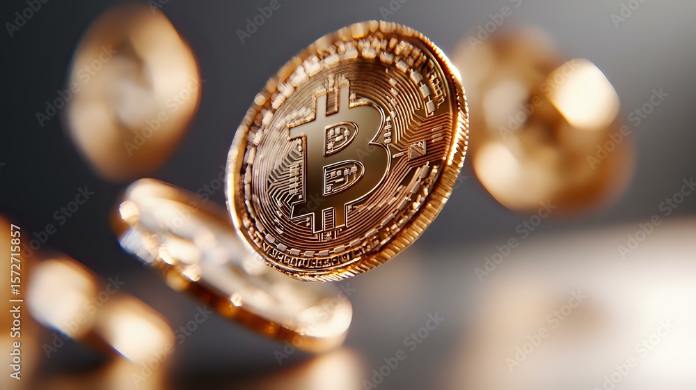 Poster shiny copper bitcoin cryptocurrency coin floating on dark background with blurred coins in motion, m