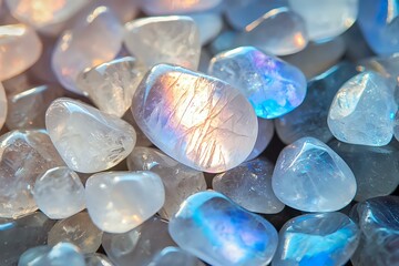Polished moonstone and opal gemstones with ethereal blue and pink iridescent flashes on dark background, macro photography showing natural mineral texture and glow.