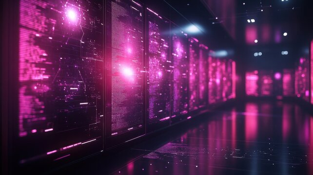 Futuristic Data Center Interior with Glowing Pink Screens futuristic data center server room digital