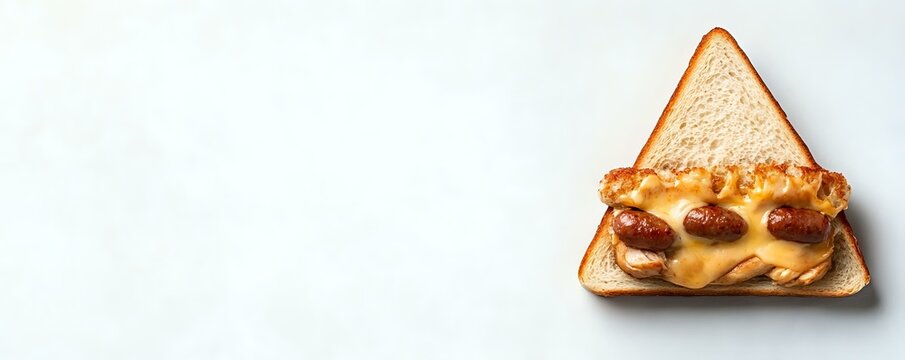 Grilled cheese sandwich with melted cheddar and crispy bacon on white bread cut in triangle shape, served on light background with copy space. - Powered by Adobe