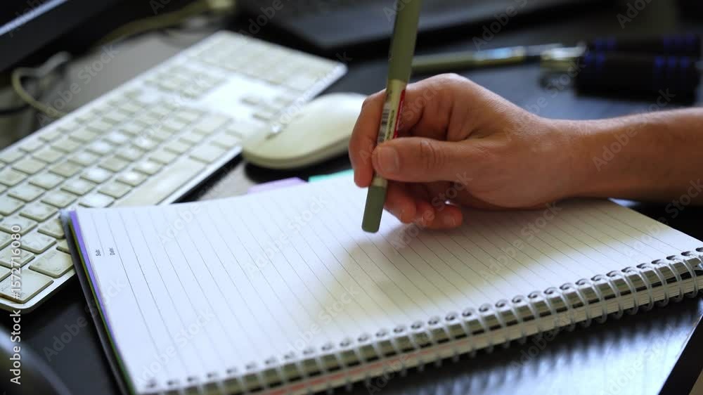 Poster close-up of hand poised to write on blank notepad beside keyboard and mouse. ideal for themes of pro