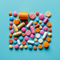 Assorted colorful pills and capsules spilling from an orange bottle onto a bright background, representing medication, pharmaceuticals, and health supplements