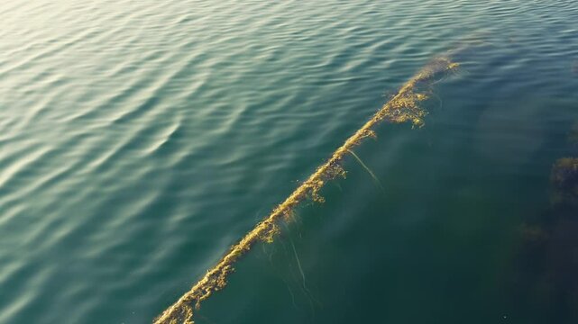 Mooring rope covered with brown algae in shallow green water on a sunny summer afternoon. Lofoten Islands, Norway.