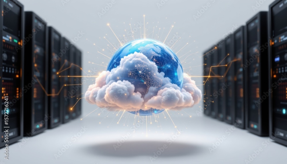 Poster a digital depiction of a cloud-computing concept, featuring an earth-like globe embraced by clouds a