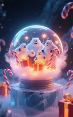 Yeti Family's Sweet Christmas: A Group of Cheerful Yetis Gathered with Gifts and Candy Canes Inside a Glowing Snow Globe on an Icy Pedestal Amidst a Festive Scene