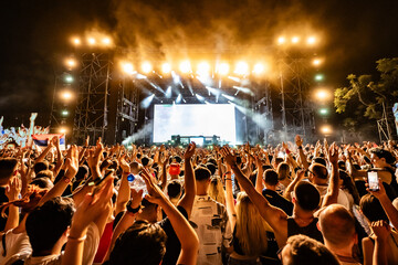 Crowd cheering and applauding at music festival at night