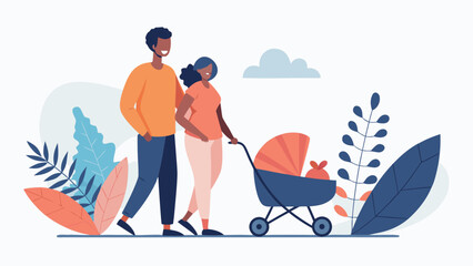 Young couple walking with a baby stroller surrounded by colorful leaves and plants