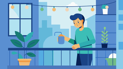 Man watering plants on a city balcony decorated with string lights during the day