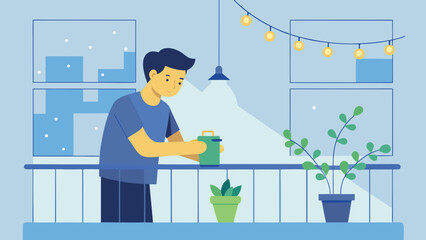Man watering potted plants on a balcony at night under string lights