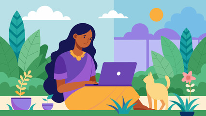 Indian woman working on a laptop at home on a terrace surrounded by plants and a cat