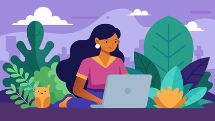 Woman working on a laptop outdoors surrounded by plants and a small cat