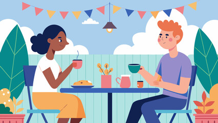 Couple enjoying coffee together at an outdoor cafe decorated with flags and plants