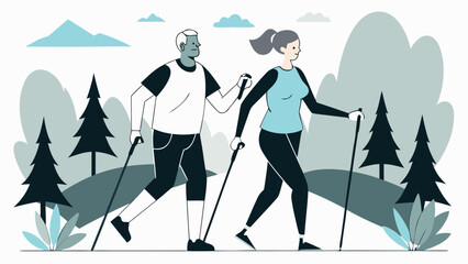 Couple hiking with trekking poles in a forested mountain area on a cool day