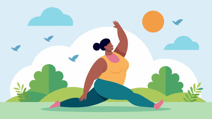 Plus size Woman doing yoga in a park on a sunny day surrounded by trees and birds