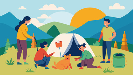 Family camping in the mountains with a dog, setting up a tent and enjoying nature at sunset