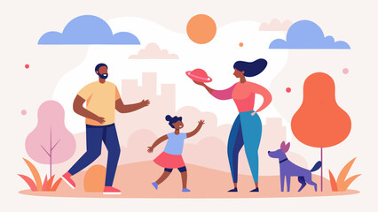 Happy family playing with their child and dog in a park on a sunny day