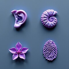 Artistic arrangement of four purple objects resembling an ear flower and fingerprint on a soft blue background with elegant shadowing and detailed textures
