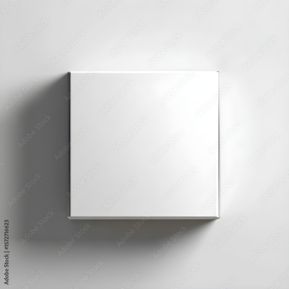 Poster blank mockup of square cardboard box with subtle shadow on white background