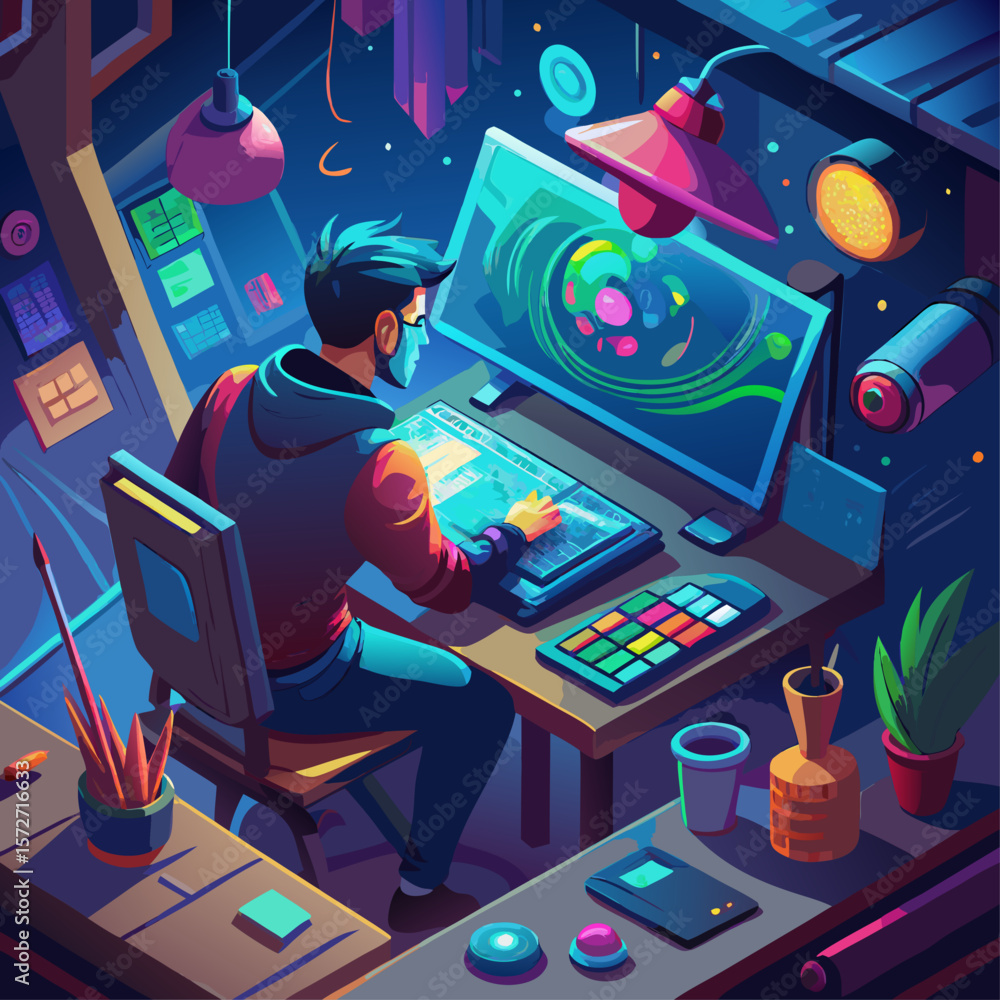 Aufkleber a man is sitting at a desk with a computer and a keyboard. he is wearing a hoodie and glasses. the r