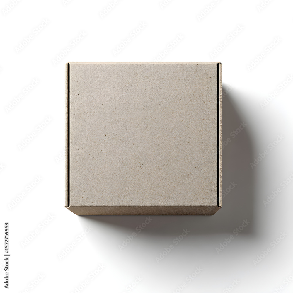 Poster blank mockup of square cardboard box with subtle shadow on white background