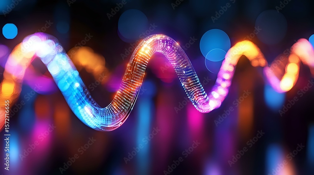 Aufkleber glowing neon wave tube with multicolored blue and pink lights creating dynamic curved shape against 