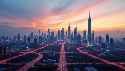 City skyline illuminated by the vibrant sunset hues, showcasing modern architecture. The scene has many skyscrapers.