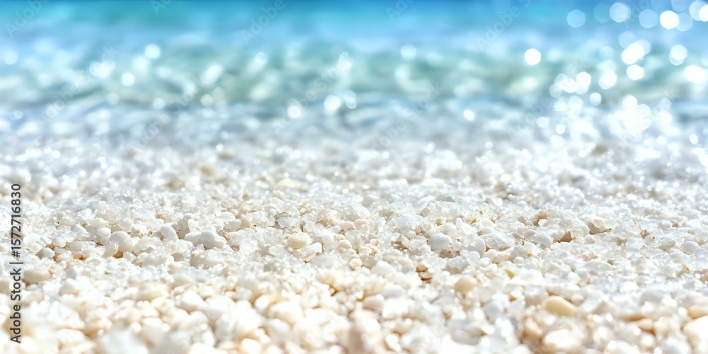 Poster soft focus macro view of white coral sand with turquoise ocean water and sparkling bokeh effect in b