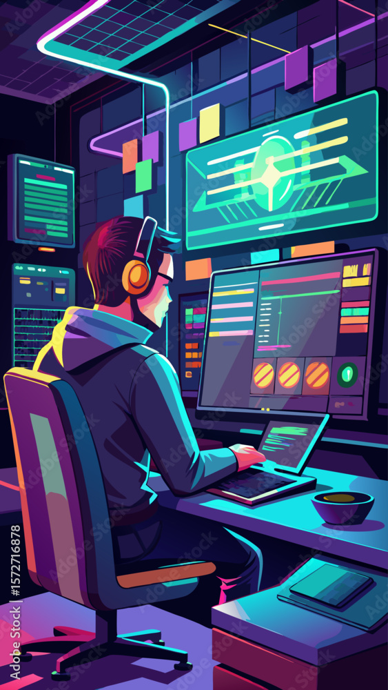 Poster a man is sitting at a desk with a computer monitor and keyboard in front of him. he is wearing headp