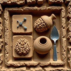 Artistic arrangement of brain models two puzzle pieces a clay pot a spoon and a brain-shaped sculpture on a textured sandy background representing creativity and mental health concepts