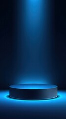 Stunning photo of background podium 3D light neon blue platform stage product abstract. Scene background 3D podium dark pedestal room glow studio empty stand floor night modern.