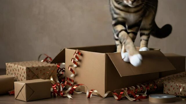 Cat sitting inside a cardboard box surrounded by crumpled paper, playful moment celebrating Cat Day joy