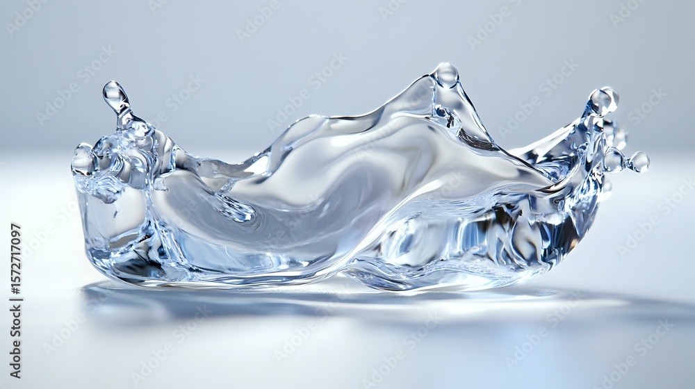Poster dynamic water splash frozen in motion against light background, creating crystalline wave formation 