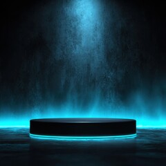 Stunning photo of background podium 3D light neon blue platform stage product abstract. Scene background 3D podium dark pedestal room glow studio empty stand floor night modern.