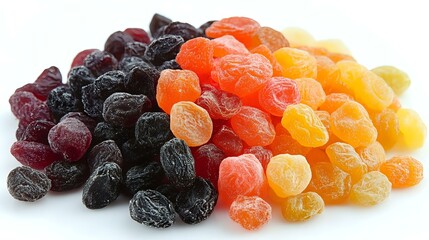 Colorful dried fruits arranged in gradient pattern from dark purple to bright yellow, showing natural sweetness and healthy snack options on white background.