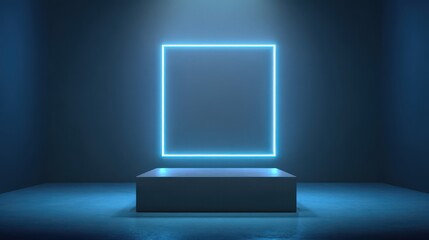 Stunning photo of background podium 3D light neon blue platform stage product abstract. Scene background 3D podium dark pedestal room glow studio empty stand floor night modern.