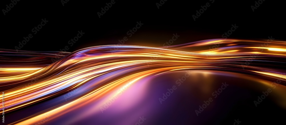 Poster dynamic glowing orange and purple light trails flowing across dark background create futuristic moti