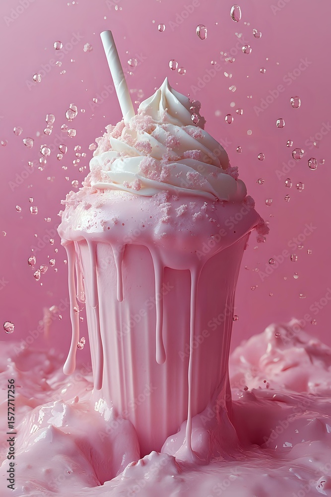 Poster pink strawberry milkshake with whipped cream and straw against pink background, with dripping sides 