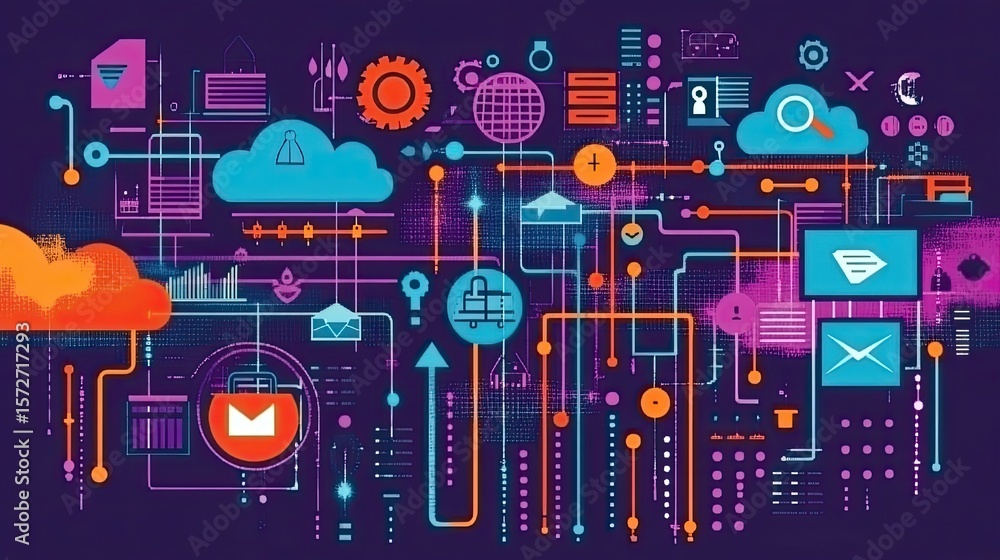 Poster colorful abstract network diagram of cloud computing