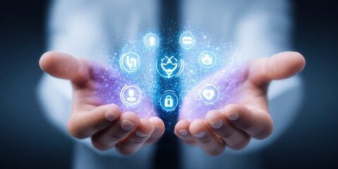 Glowing Digital Icons Held in Hands