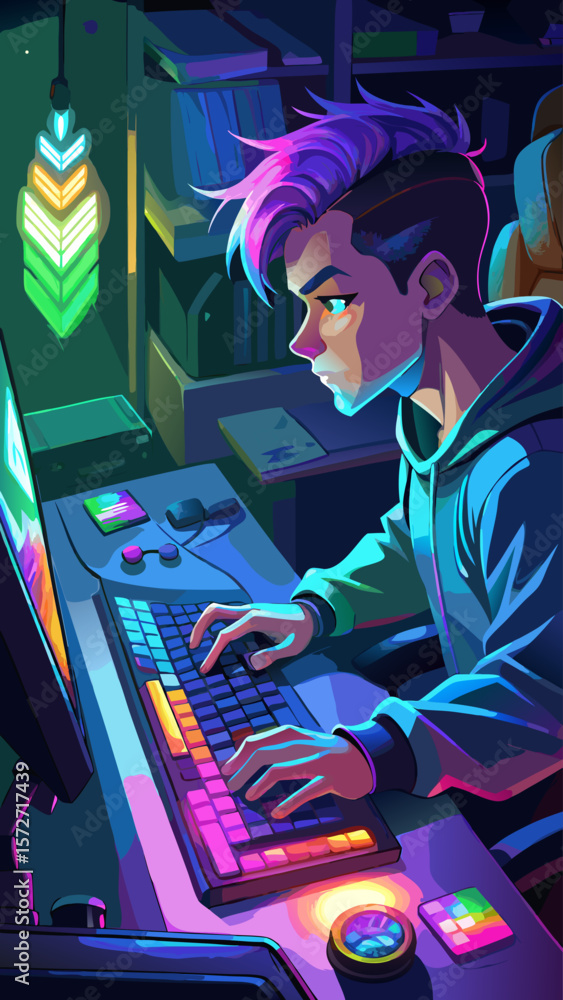 Poster a man is playing a video game on a computer. he is wearing headphones and has a serious expression o