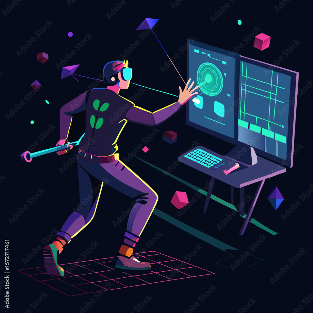 Poster a man is playing a video game with a computer monitor and a chair behind him. he is pointing at the 