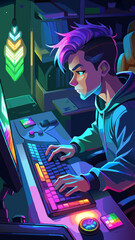 A man is playing a video game on a computer. He is wearing headphones and has a serious expression on his face. The room is dimly lit, and there are neon lights in the background