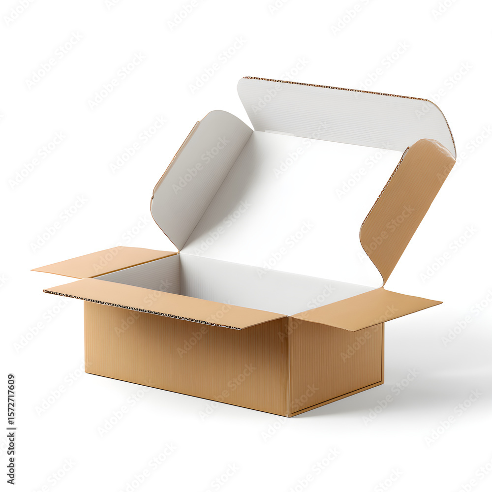 Poster blank mockup of subscription box with open flaps, shown in 3d angle