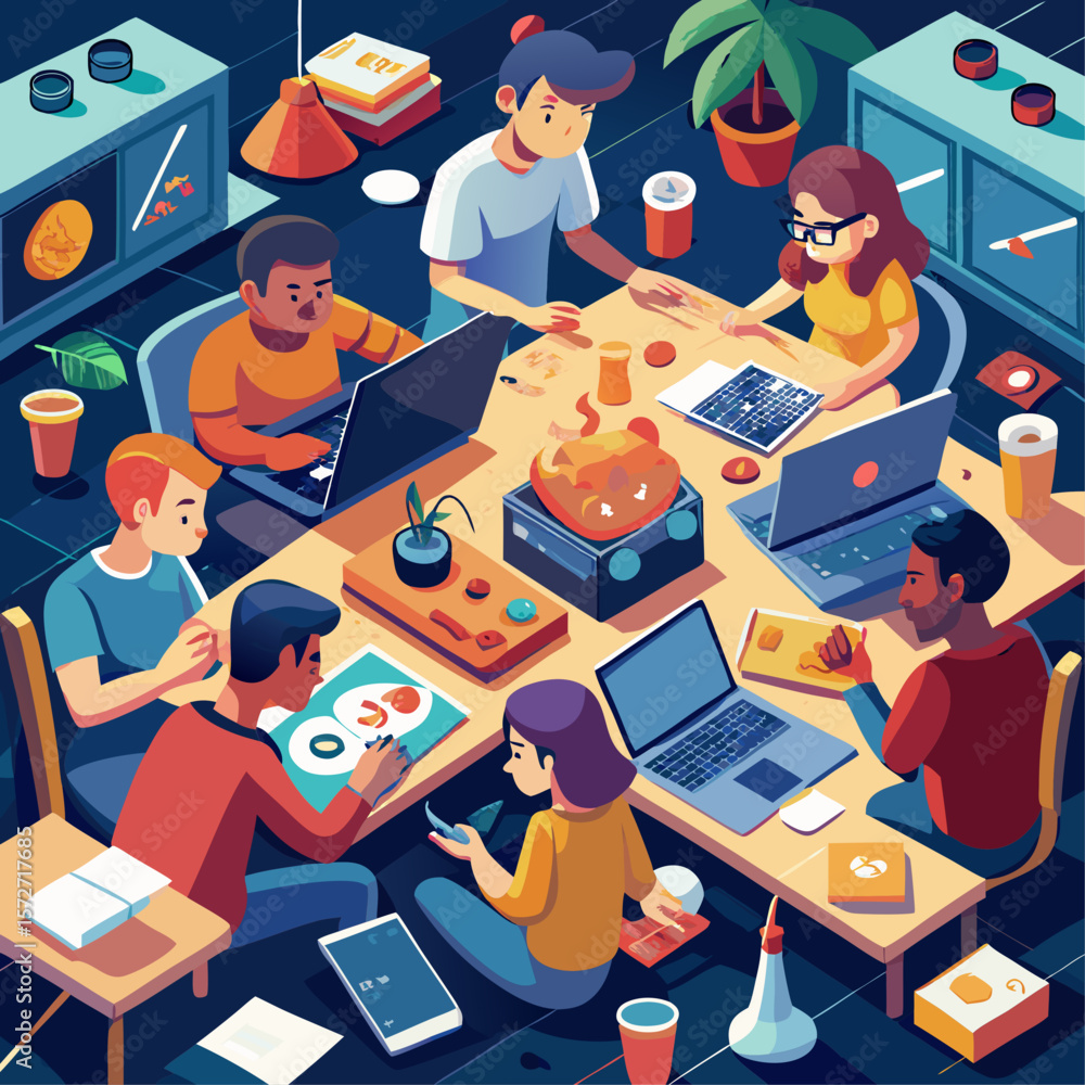 Poster a group of people are sitting around a table with laptops and a pumpkin on the table. they are worki