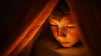 A close-up of a boyâ€™s face lit by flashlight, focused intently on the pages of a worn storybook. The blanket tent surrounds him in soft folds, casting a warm amber hue across the scene. The