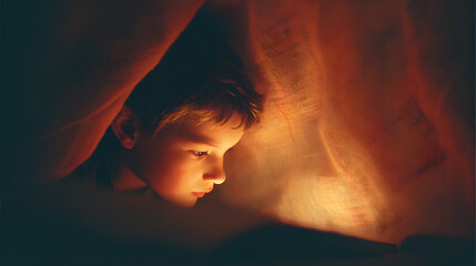 A close-up of a boyâ€™s face lit by flashlight, focused intently on the pages of a worn storybook. The blanket tent surrounds him in soft folds, casting a warm amber hue across the scene. The