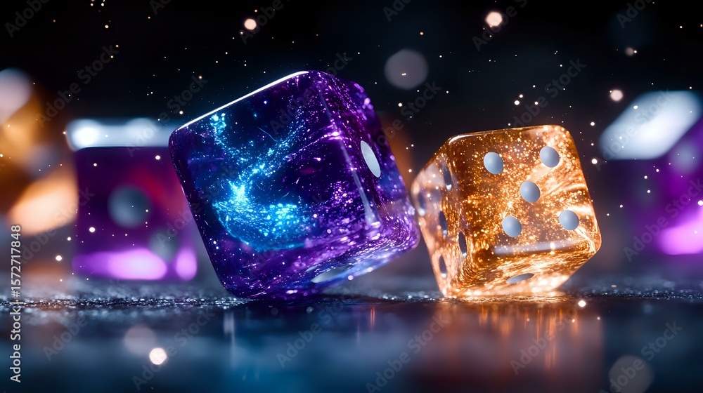 Poster glowing cosmic dice with magical galaxy and nebula effects inside transparent cubes on dark reflecti