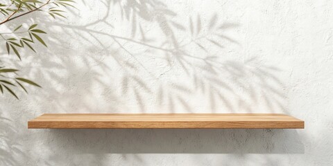 Wooden shelf on white wall background with plant shadow. 3D rendering