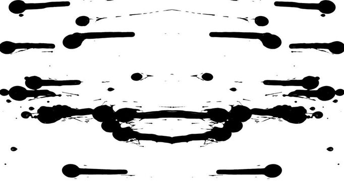 Regular speed shot of black paint dripped onto a white background that is then mirrored digitally to create an animated abstract Rorschach image.